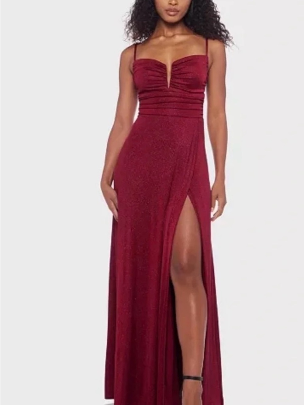 B Darlin Burgundy Sparkle Maxi Dress with Thigh Slit
